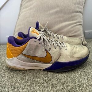 Nike Zoom Kobe 5 Sneakers in Cream, Purple, and Gold sz12